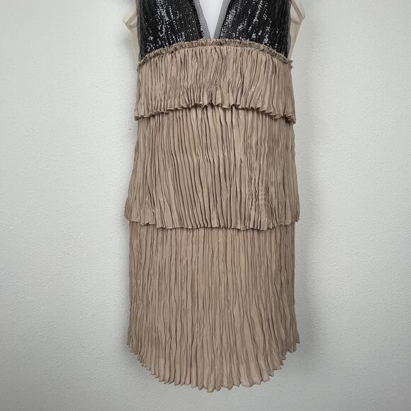 BCBGMAXAZRIA Averil Mesh Sequin Tiered Mini Dress XXS Nude Black Tan - Picture 3 of 10